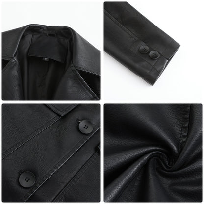 A women's long leather jacket
