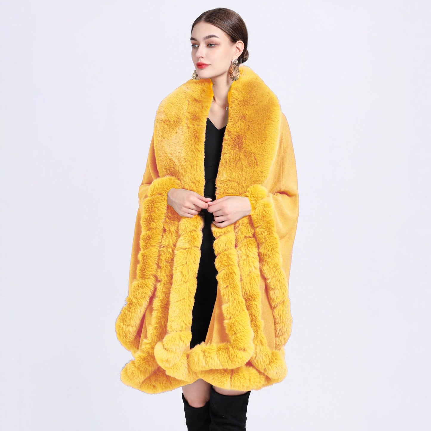 A European and American autumn and winter new imitation Rex rabbit fur collar cape large size knitted cardigan loose coat women