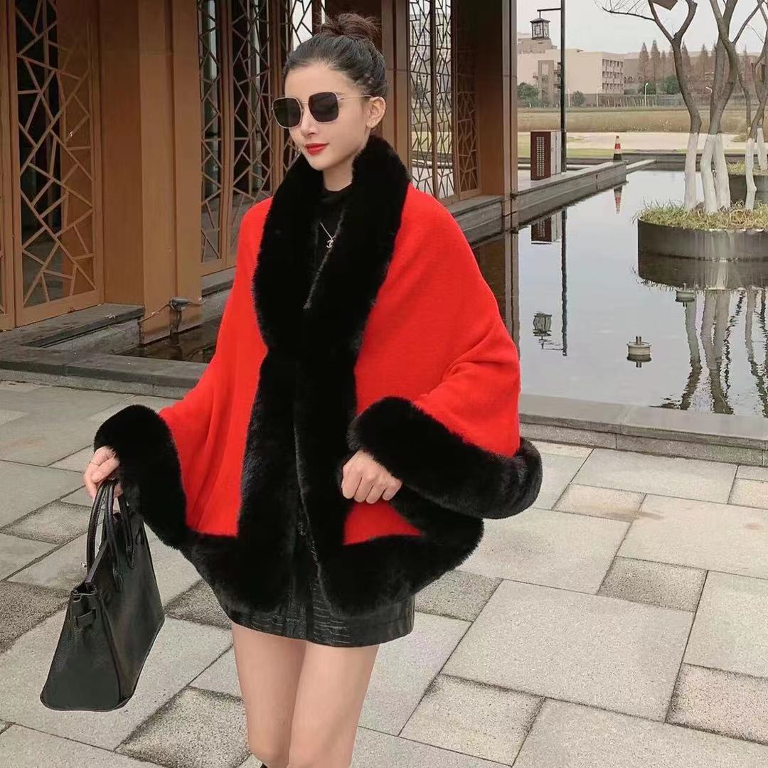 A autumn and winter new imitation Rex rabbit fur collar shawl cape large size women's knitted cardigan loose shawl jacket