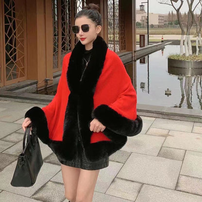 A autumn and winter new imitation Rex rabbit fur collar shawl cape large size women's knitted cardigan loose shawl jacket
