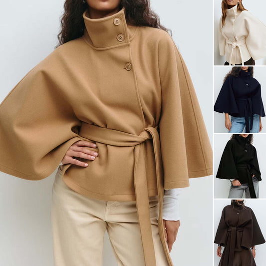 A cape stand-up collar button-down belt coat
