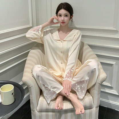 A Ice and snow pajamas women's French lapel lace cardigan long-sleeved trousers set summer spring and autumn loungewear
