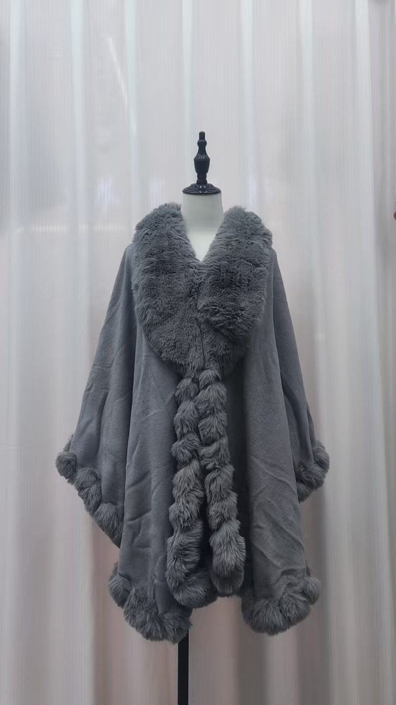 A Rabbit fur large lapel handmade wool cross-border European and American knitted imitation cashmere cardigan large size shawl cape