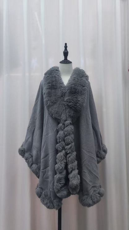 A Rabbit fur large lapel handmade wool cross-border European and American knitted imitation cashmere cardigan large size shawl cape