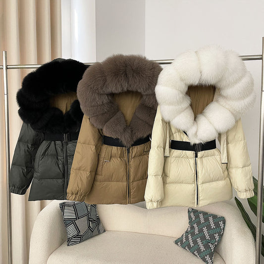 A fur collar hooded white duck down jacket