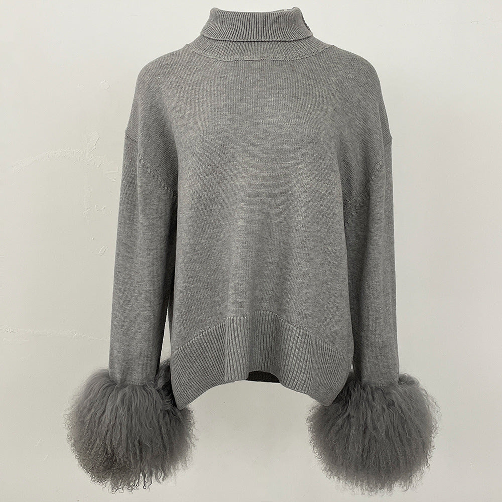 A popular thickened knitted sweater autumn and winter new loose high-necked real fox cuff sweater women