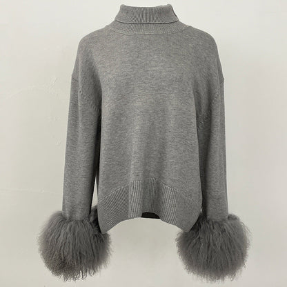 A popular thickened knitted sweater autumn and winter new loose high-necked real fox cuff sweater women