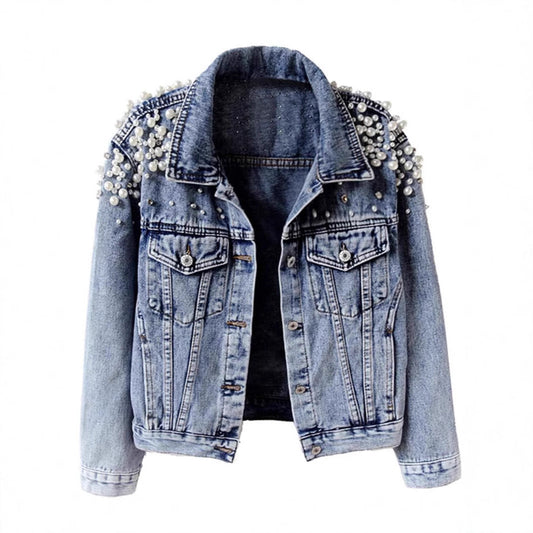 A Heavy Industry Beaded Loose Denim Jacket Women's New Spring Long Sleeve Fashion Foreign Trade Jacket