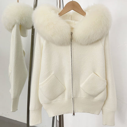 A autumn and winter new knitted sweater women's Korean version removable oversized real fox fur collar hooded knitted cardigan jacket