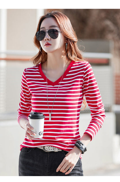 B2-m22 Loose and good quality women V-neck striped T- shirt - Mixbatch