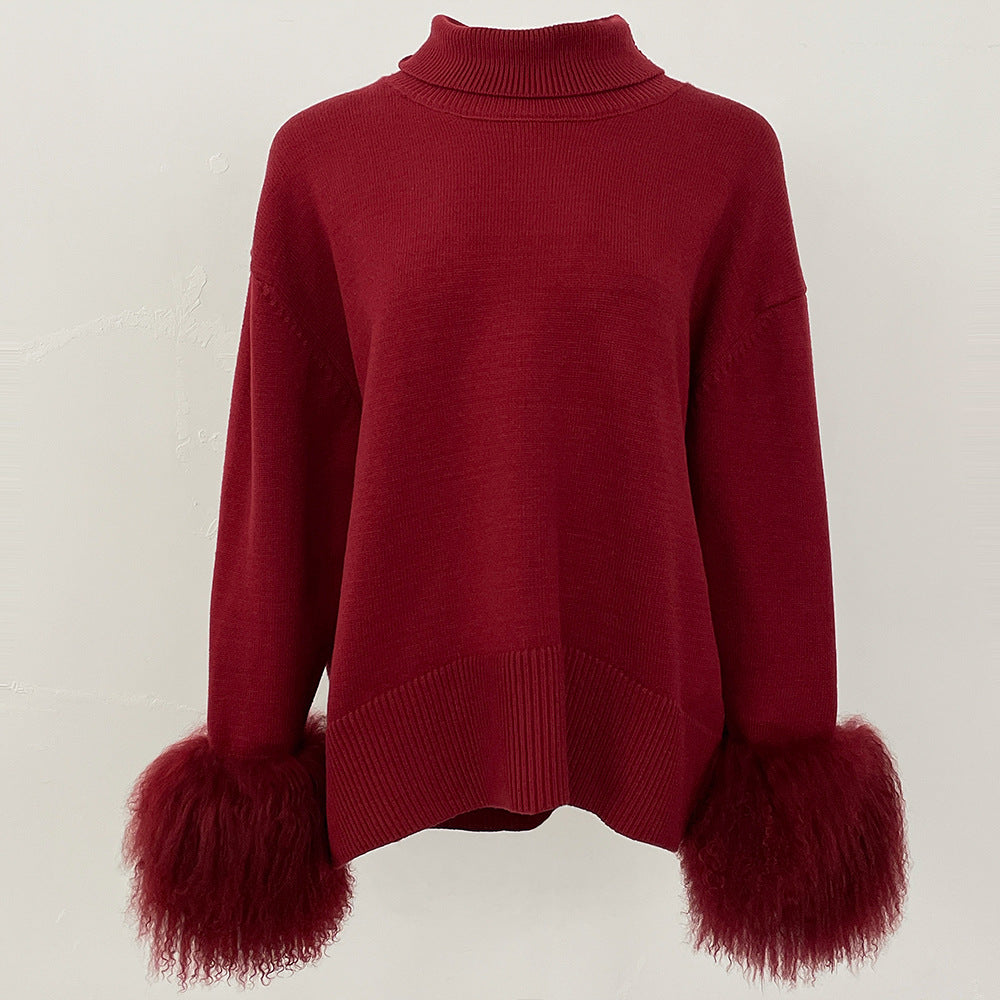 A popular thickened knitted sweater autumn and winter new loose high-necked real fox cuff sweater women