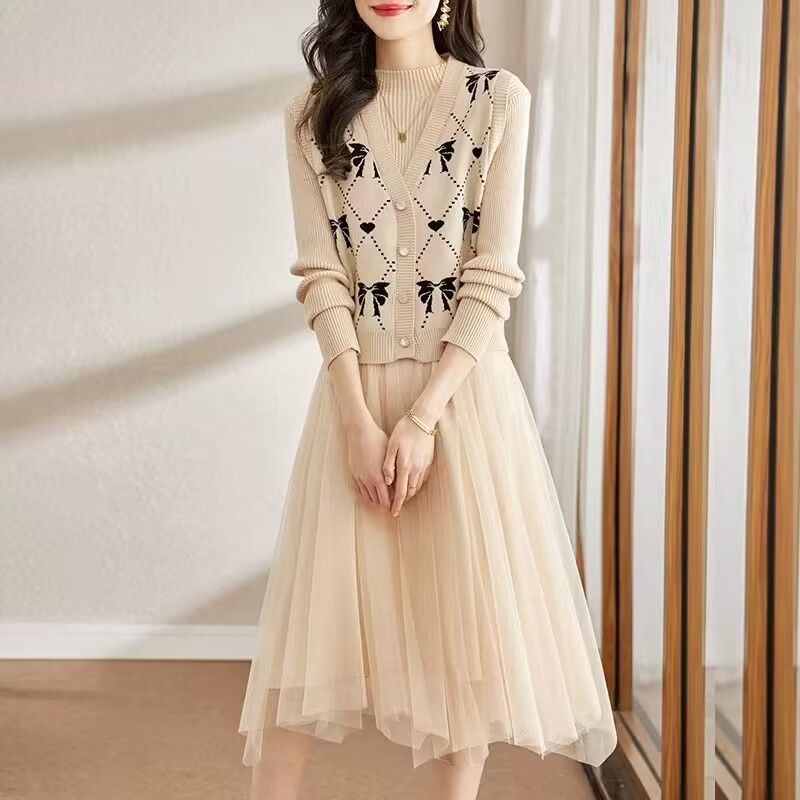 P knitted vest mesh dress two-piece set