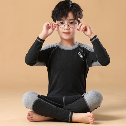 P children's long johns and long johns double-sided velvet boys and girls velvet pajamas autumn and winter teenagers antibacterial thermal underwear set