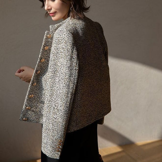 A Spring and Autumn new retro small fragrant tweed rice camel temperament fashionable and thin high-end short coat