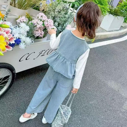 P girl suit denim new children's baby foreign fashionable vest spring