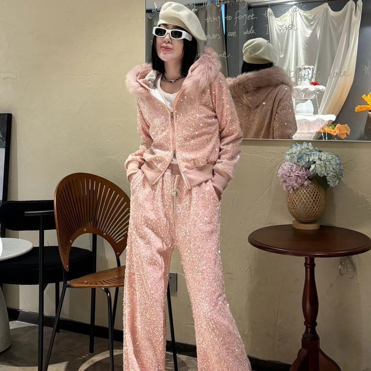 P Heavy Industry two-piece set winter velvet thickened fox fur collar removable sequined cardigan jacket wide-leg pants