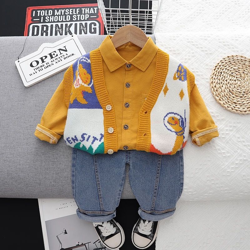 P Boys Spring Knitted Baby Shirt Boys Autumn and Winter Shirt Boys Baby Long Sleeve Three-piece Set Children