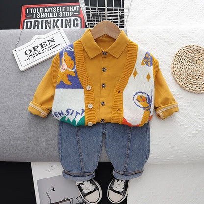 P Boys Spring Knitted Baby Shirt Boys Autumn and Winter Shirt Boys Baby Long Sleeve Three-piece Set Children