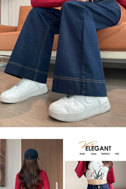 Denim Blue Straight-Leg Jeans for Women Spring Summer High Waist Stretchy Draped Wide-Leg Pants