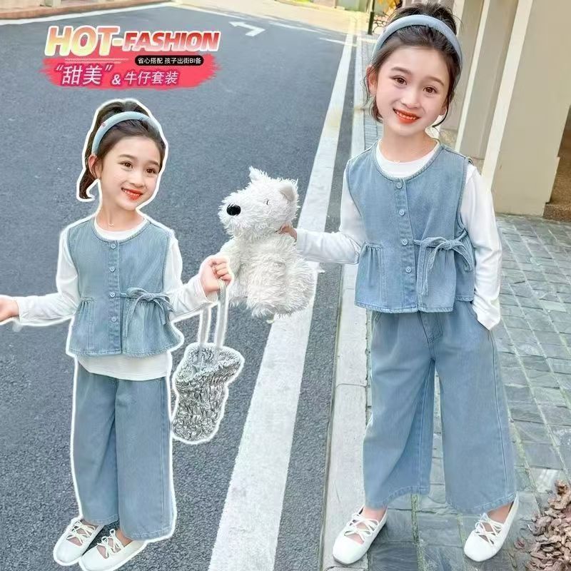 P girl suit denim new children's baby foreign fashionable vest spring