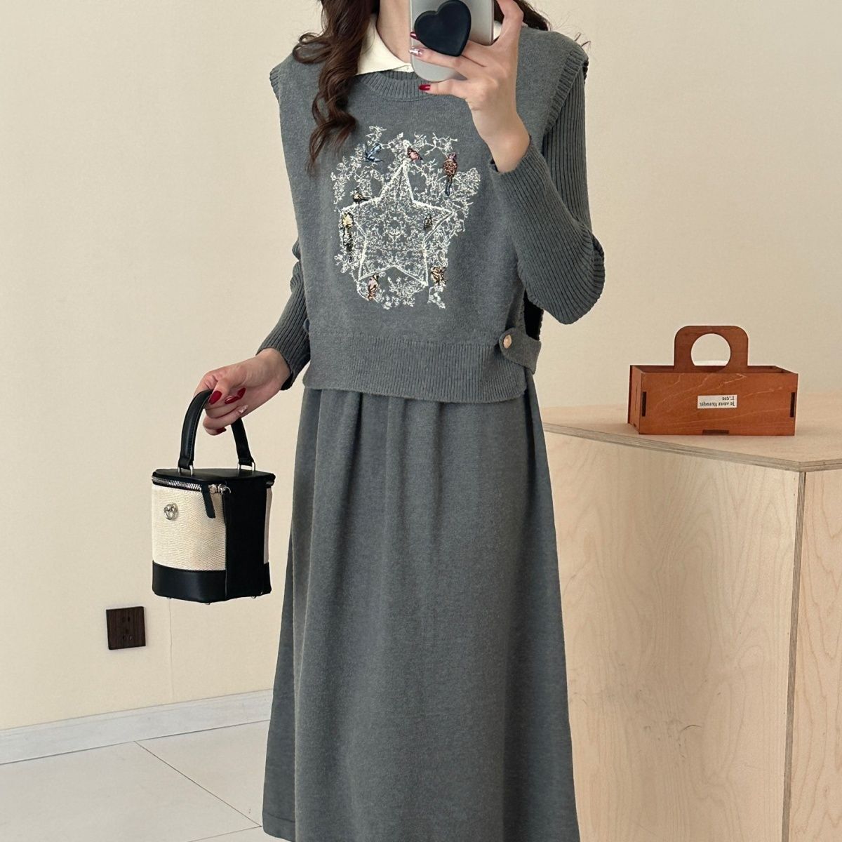 P Knitted Embroidered Vest Long Sleeve Two-piece Set