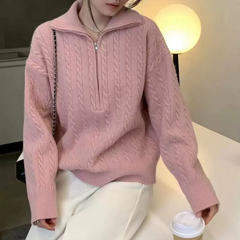P Korean version of Korean chic autumn and winter thick knitted top women's retro twist half zipper lazy versatile sweater jacket