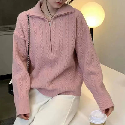 P Korean version of Korean chic autumn and winter thick knitted top women's retro twist half zipper lazy versatile sweater jacket