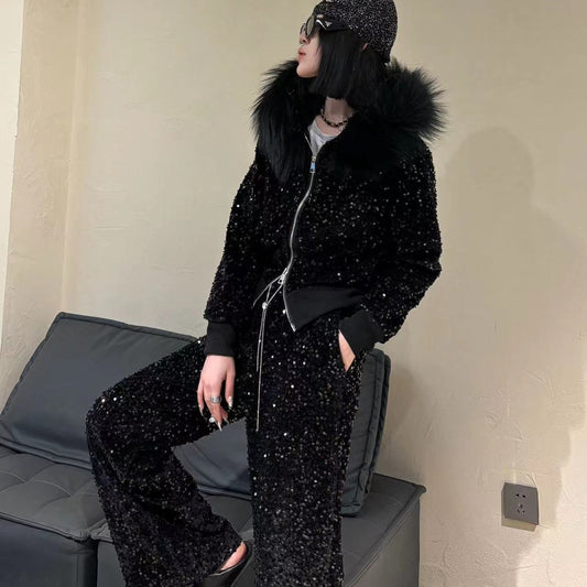 P new thickened autumn and winter casual velvet set heavy industry high waist loose casual sequins shiny and popular sweet and spicy