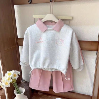 P Girls lapel sweater sweatpants set