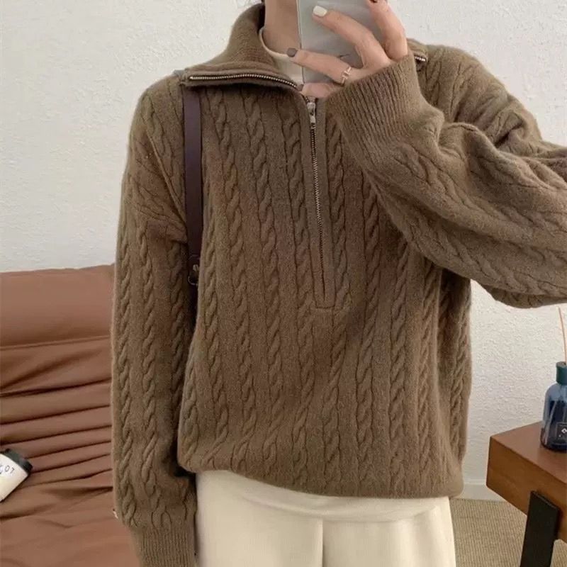 P Korean version of Korean chic autumn and winter thick knitted top women's retro twist half zipper lazy versatile sweater jacket