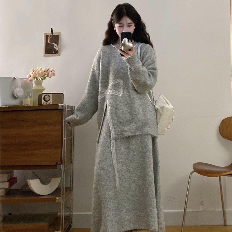 P bow sweater skirt two-piece set