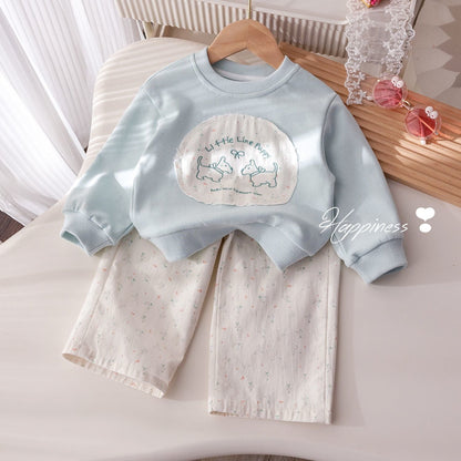 P girls spring and autumn new suit sweet and cute embroidered patch sweater foreign style floral loose straight pants two-piece set