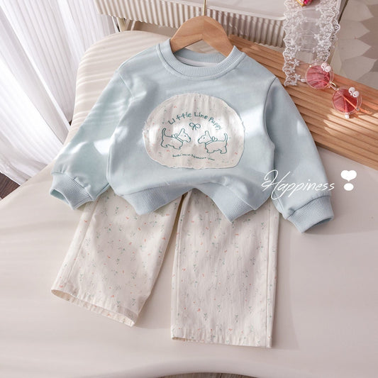 P girls spring and autumn new suit sweet and cute embroidered patch sweater foreign style floral loose straight pants two-piece set