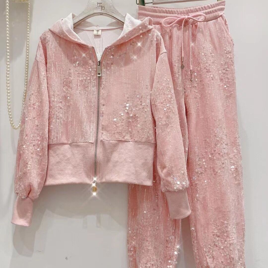 A ny sequined zipper hooded sweater women's foot mouth elastic two-piece set
