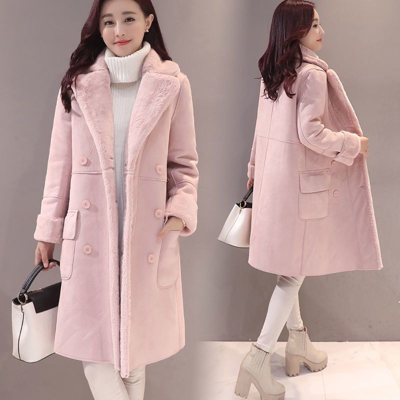 P lamb wool coat women's Korean version winter velvet thickened suede coat medium and long fur integrated lapel cotton-padded coat