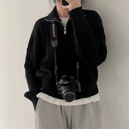 P Korean version of Korean chic autumn and winter thick knitted top women's retro twist half zipper lazy versatile sweater jacket