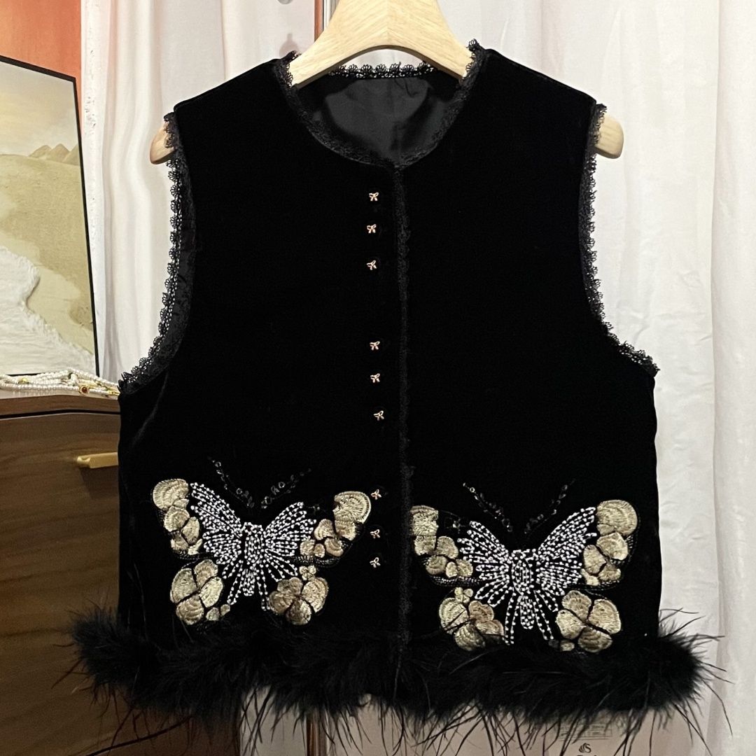 P bead embroidered ostrich fur vest skirt two-piece set