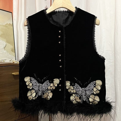 P bead embroidered ostrich fur vest skirt two-piece set