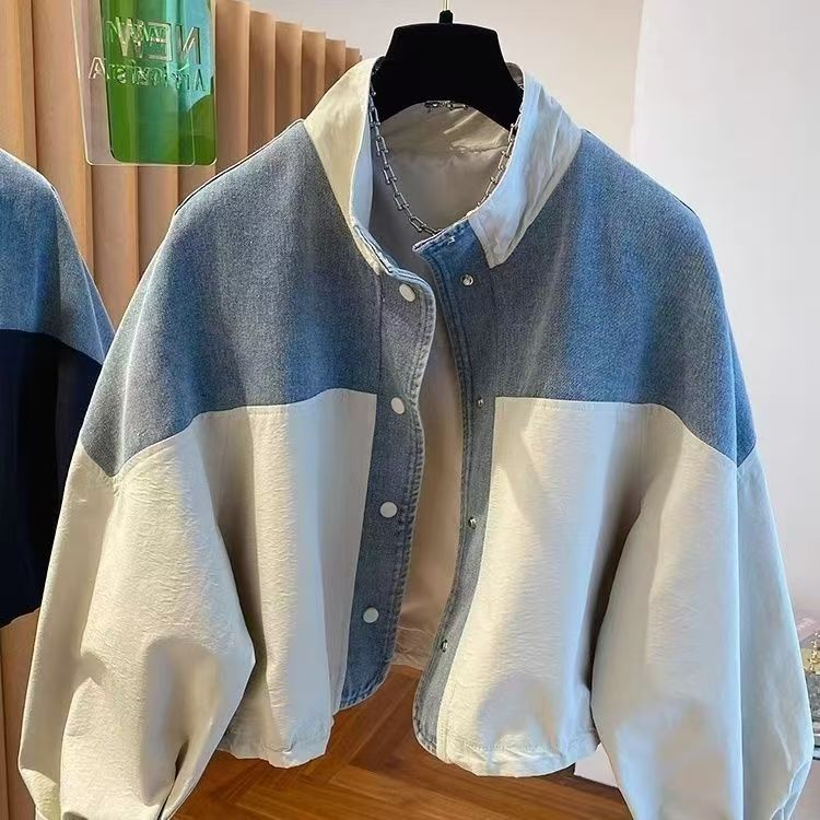 P denim spliced stand-up collar jacket