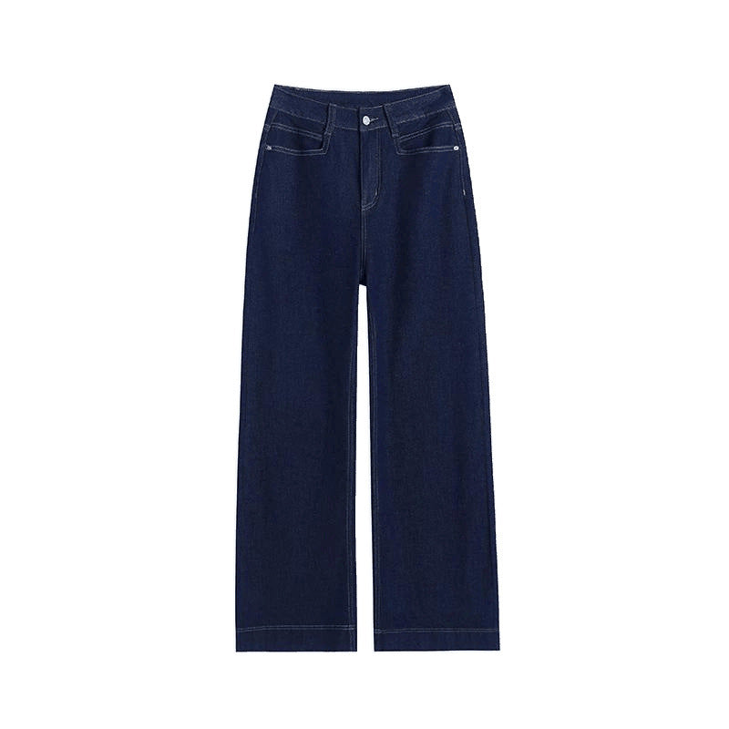 Denim Blue Straight-Leg Jeans for Women Spring Summer High Waist Stretchy Draped Wide-Leg Pants