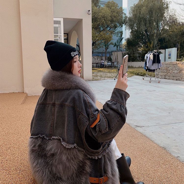 P denim fox fur down jacket