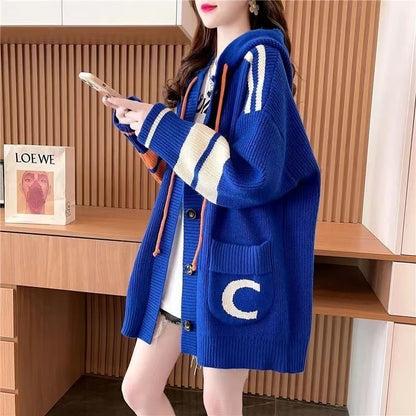 P Lazy Wind Hooded Sweater Cardigan Women's Medium and Long Korean Version