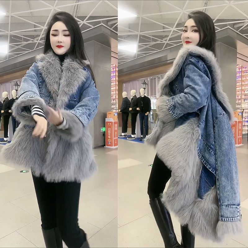 P denim spliced sweater collar coat