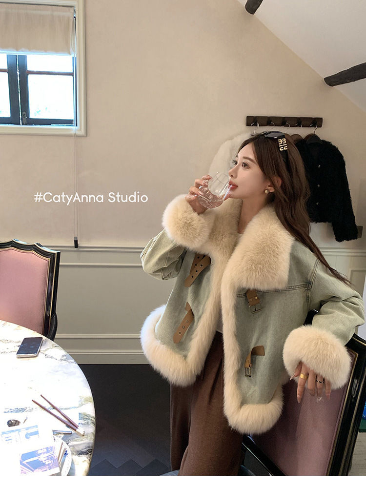 P fur neck denim jacket