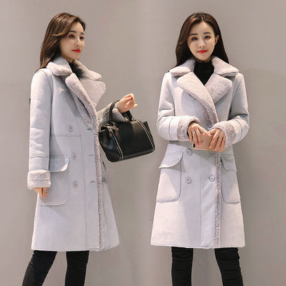 P lamb wool coat women's Korean version winter velvet thickened suede coat medium and long fur integrated lapel cotton-padded coat