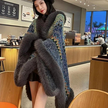 Autumn Winter Silver Fox Fur Oversized Collar Ethnic Style Shawl Scarf Cape Faux Fur Coat Women's Cape