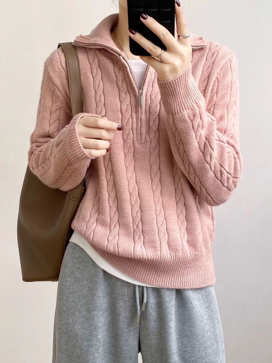 P Korean version of Korean chic autumn and winter thick knitted top women's retro twist half zipper lazy versatile sweater jacket