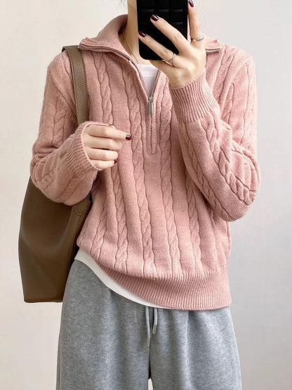 P Korean version of Korean chic autumn and winter thick knitted top women's retro twist half zipper lazy versatile sweater jacket