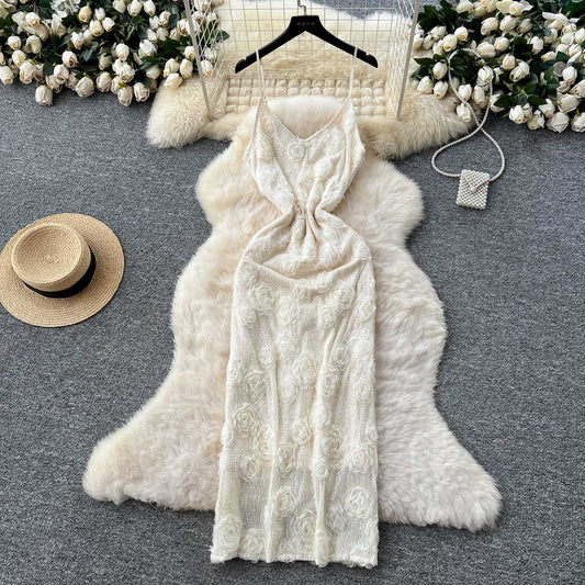 P light luxury celebrity high-end three-dimensional flower sequin dress women's summer French waist slim-fitting hip-wrapped long skirt