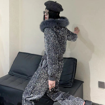 P Heavy Industry two-piece set winter velvet thickened fox fur collar removable sequined cardigan jacket wide-leg pants